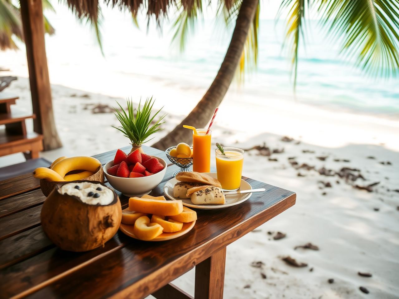 Café da manhã tropical com frutas e tapioca